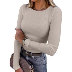 image:imageANRABESS Women Long Sleeve Shirts Rib Knit Slim Fit Tops Basic Tee Spring Outfits Casual TShirt Underscrubs Layer ClothesDark Khaki