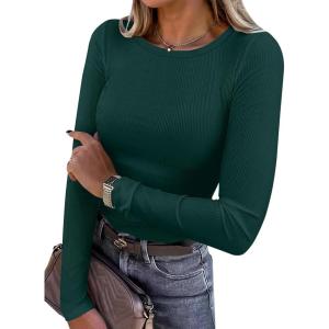 image:imageANRABESS Women Long Sleeve Shirts Rib Knit Slim Fit Tops Basic Tee Spring Outfits Casual TShirt Underscrubs Layer ClothesForest Green