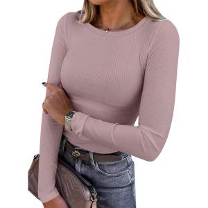 image:imageANRABESS Women Long Sleeve Shirts Rib Knit Slim Fit Tops Basic Tee Spring Outfits Casual TShirt Underscrubs Layer ClothesGrey Pink
