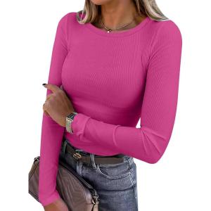 image:imageANRABESS Women Long Sleeve Shirts Rib Knit Slim Fit Tops Basic Tee Spring Outfits Casual TShirt Underscrubs Layer ClothesHot Pink