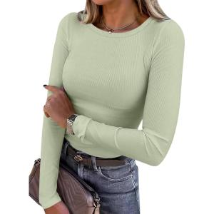 image:imageANRABESS Women Long Sleeve Shirts Rib Knit Slim Fit Tops Basic Tee Spring Outfits Casual TShirt Underscrubs Layer ClothesLight Green