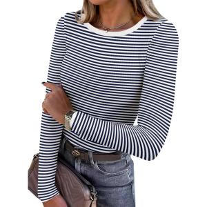 image:imageANRABESS Women Long Sleeve Shirts Rib Knit Slim Fit Tops Basic Tee Spring Outfits Casual TShirt Underscrubs Layer ClothesNavy Blue White