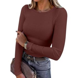 image:imageANRABESS Women Long Sleeve Shirts Rib Knit Slim Fit Tops Basic Tee Spring Outfits Casual TShirt Underscrubs Layer ClothesRed Brown