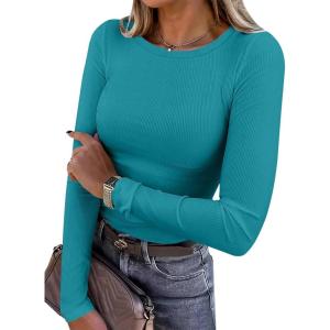 image:imageANRABESS Women Long Sleeve Shirts Rib Knit Slim Fit Tops Basic Tee Spring Outfits Casual TShirt Underscrubs Layer ClothesTeal