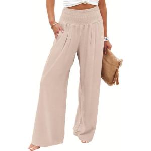 image:imageANRABESS Women Palazzo Pants Summer Flowy Wide Leg High Waist Lounge Trousers with Pockets 2026 Casual Beach Vacation OutfitsAlmond