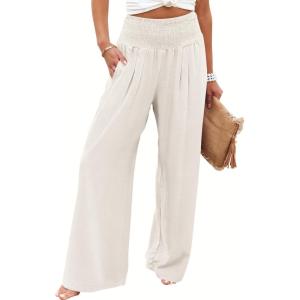image:imageANRABESS Women Palazzo Pants Summer Flowy Wide Leg High Waist Lounge Trousers with Pockets 2026 Casual Beach Vacation OutfitsBeige