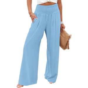 image:imageANRABESS Women Palazzo Pants Summer Flowy Wide Leg High Waist Lounge Trousers with Pockets 2026 Casual Beach Vacation OutfitsBright Blue
