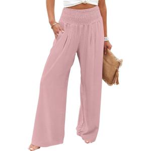 image:imageANRABESS Women Palazzo Pants Summer Flowy Wide Leg High Waist Lounge Trousers with Pockets 2026 Casual Beach Vacation OutfitsBright Pink