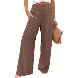 image:imageANRABESS Women Palazzo Pants Summer Flowy Wide Leg High Waist Lounge Trousers with Pockets 2026 Casual Beach Vacation OutfitsCoffee