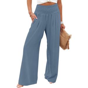 image:imageANRABESS Women Palazzo Pants Summer Flowy Wide Leg High Waist Lounge Trousers with Pockets 2026 Casual Beach Vacation OutfitsGrey Blue