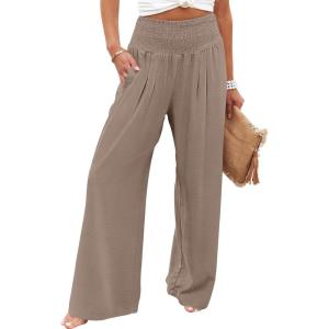 image:imageANRABESS Women Palazzo Pants Summer Flowy Wide Leg High Waist Lounge Trousers with Pockets 2026 Casual Beach Vacation OutfitsLight Camel