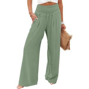 image:imageANRABESS Women Palazzo Pants Summer Flowy Wide Leg High Waist Lounge Trousers with Pockets 2026 Casual Beach Vacation OutfitsLight Green