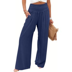image:imageANRABESS Women Palazzo Pants Summer Flowy Wide Leg High Waist Lounge Trousers with Pockets 2026 Casual Beach Vacation OutfitsNavy Blue