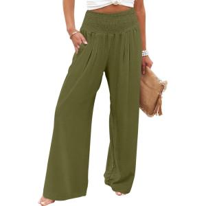 image:imageANRABESS Women Palazzo Pants Summer Flowy Wide Leg High Waist Lounge Trousers with Pockets 2026 Casual Beach Vacation OutfitsOlive Green