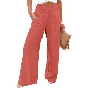 image:imageANRABESS Women Palazzo Pants Summer Flowy Wide Leg High Waist Lounge Trousers with Pockets 2026 Casual Beach Vacation OutfitsOrange Red