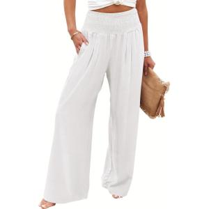 image:imageANRABESS Women Palazzo Pants Summer Flowy Wide Leg High Waist Lounge Trousers with Pockets 2026 Casual Beach Vacation OutfitsWhite