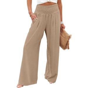image:imageANRABESS Women Palazzo Pants Summer Flowy Wide Leg High Waist Lounge Trousers with Pockets 2026 Casual Beach Vacation OutfitsYellow Khaki
