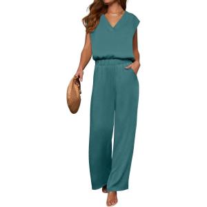 image:imageANRABESS Women Summer 2 Piece Outfits VNeck Top and Wide Leg Pants Set Comfy AllDay Wear for Lounge amp Daily Travel Set Lake XLarge