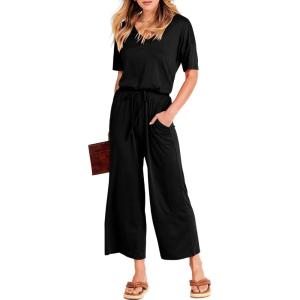 image:imageANRABESS Women Summer Casual Short Sleeve V Neck Elastic Waist Wide Leg Cropped Pants Jumpsuits Rompers with Pockets00black