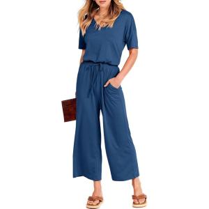 image:imageANRABESS Women Summer Casual Short Sleeve V Neck Elastic Waist Wide Leg Cropped Pants Jumpsuits Rompers with Pockets00blue
