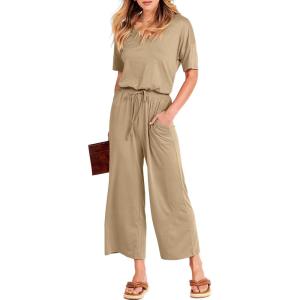 image:imageANRABESS Women Summer Casual Short Sleeve V Neck Elastic Waist Wide Leg Cropped Pants Jumpsuits Rompers with Pockets00khaki