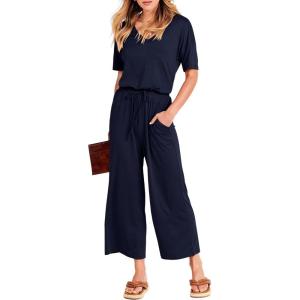 image:imageANRABESS Women Summer Casual Short Sleeve V Neck Elastic Waist Wide Leg Cropped Pants Jumpsuits Rompers with Pockets01blue