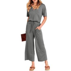 image:imageANRABESS Women Summer Casual Short Sleeve V Neck Elastic Waist Wide Leg Cropped Pants Jumpsuits Rompers with Pockets01dark Gray