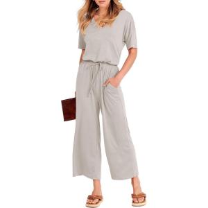 image:imageANRABESS Women Summer Casual Short Sleeve V Neck Elastic Waist Wide Leg Cropped Pants Jumpsuits Rompers with Pockets02light Gray
