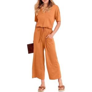 image:imageANRABESS Women Summer Casual Short Sleeve V Neck Elastic Waist Wide Leg Cropped Pants Jumpsuits Rompers with Pockets02orange