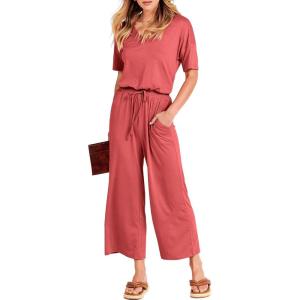 image:imageANRABESS Women Summer Casual Short Sleeve V Neck Elastic Waist Wide Leg Cropped Pants Jumpsuits Rompers with Pockets02peach