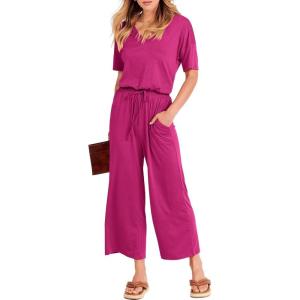image:imageANRABESS Women Summer Casual Short Sleeve V Neck Elastic Waist Wide Leg Cropped Pants Jumpsuits Rompers with Pockets02rose