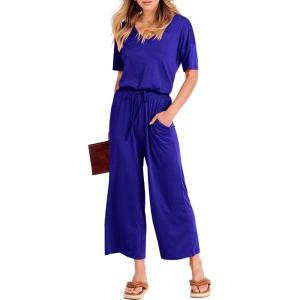 image:imageANRABESS Women Summer Casual Short Sleeve V Neck Elastic Waist Wide Leg Cropped Pants Jumpsuits Rompers with Pockets02royal Blue