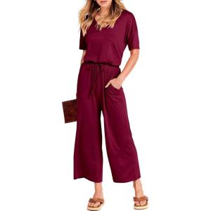 image:imageANRABESS Women Summer Casual Short Sleeve V Neck Elastic Waist Wide Leg Cropped Pants Jumpsuits Rompers with Pockets02wine Red
