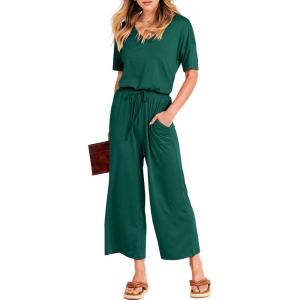 image:imageANRABESS Women Summer Casual Short Sleeve V Neck Elastic Waist Wide Leg Cropped Pants Jumpsuits Rompers with Pockets03deep Green