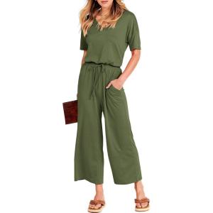 image:imageANRABESS Women Summer Casual Short Sleeve V Neck Elastic Waist Wide Leg Cropped Pants Jumpsuits Rompers with Pockets03green