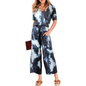 image:imageANRABESS Women Summer Casual Short Sleeve V Neck Elastic Waist Wide Leg Cropped Pants Jumpsuits Rompers with Pockets04tie Dye Navy