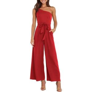 image:imageANRABESS Women Summer Dressy Jumpsuits One Shoulder Sleeveless Casual Wide Leg Pants Romper Jumper 2026 Trendy Fall OutfitsRed