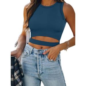 image:imageANRABESS Women Tank Tops High Neck Sleeveless Sexy Cutout Racer Back Going Out Crop Tops Shirts Summer Y2K OutfitsDeep Blue
