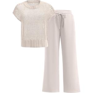 image:imageANRABESS Women Two Piece Outfits Crochet Sheer Knit Sweater Top Wide Leg Pants Lounge Matching Sets Sweatsuit Travel ClothesAprioct