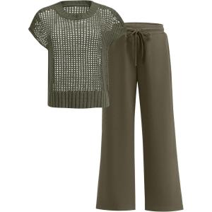 image:imageANRABESS Women Two Piece Outfits Crochet Sheer Knit Sweater Top Wide Leg Pants Lounge Matching Sets Sweatsuit Travel ClothesArmy Green
