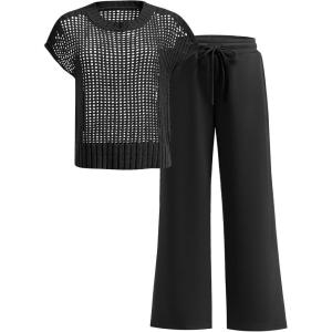 image:imageANRABESS Women Two Piece Outfits Crochet Sheer Knit Sweater Top Wide Leg Pants Lounge Matching Sets Sweatsuit Travel ClothesBlack