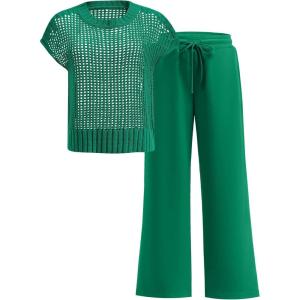 image:imageANRABESS Women Two Piece Outfits Crochet Sheer Knit Sweater Top Wide Leg Pants Lounge Matching Sets Sweatsuit Travel ClothesGreen