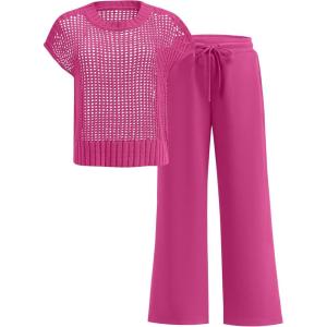 image:imageANRABESS Women Two Piece Outfits Crochet Sheer Knit Sweater Top Wide Leg Pants Lounge Matching Sets Sweatsuit Travel ClothesHot Pink