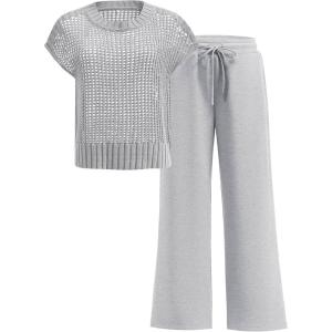 image:imageANRABESS Women Two Piece Outfits Crochet Sheer Knit Sweater Top Wide Leg Pants Lounge Matching Sets Sweatsuit Travel ClothesLight Grey