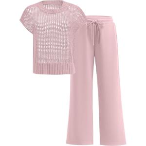 image:imageANRABESS Women Two Piece Outfits Crochet Sheer Knit Sweater Top Wide Leg Pants Lounge Matching Sets Sweatsuit Travel ClothesLight Pink
