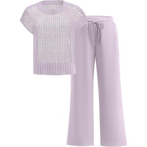 image:imageANRABESS Women Two Piece Outfits Crochet Sheer Knit Sweater Top Wide Leg Pants Lounge Matching Sets Sweatsuit Travel ClothesLight Purple