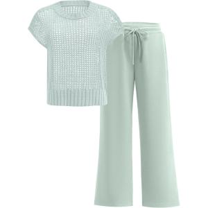 image:imageANRABESS Women Two Piece Outfits Crochet Sheer Knit Sweater Top Wide Leg Pants Lounge Matching Sets Sweatsuit Travel ClothesMint Green