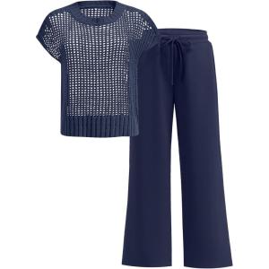 image:imageANRABESS Women Two Piece Outfits Crochet Sheer Knit Sweater Top Wide Leg Pants Lounge Matching Sets Sweatsuit Travel ClothesNavy Blue
