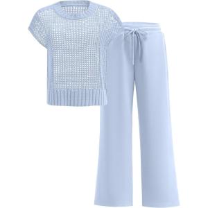 image:imageANRABESS Women Two Piece Outfits Crochet Sheer Knit Sweater Top Wide Leg Pants Lounge Matching Sets Sweatsuit Travel ClothesSky Blue