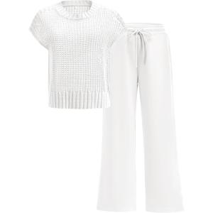 image:imageANRABESS Women Two Piece Outfits Crochet Sheer Knit Sweater Top Wide Leg Pants Lounge Matching Sets Sweatsuit Travel ClothesWhite